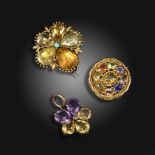 A George III gem-set gold flower brooch, later brooch fitting to reverse, (damaged), a Regency