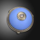 Fabergé - a silver-mounted blue ceramic bell push, the cabochon white stone push button is set