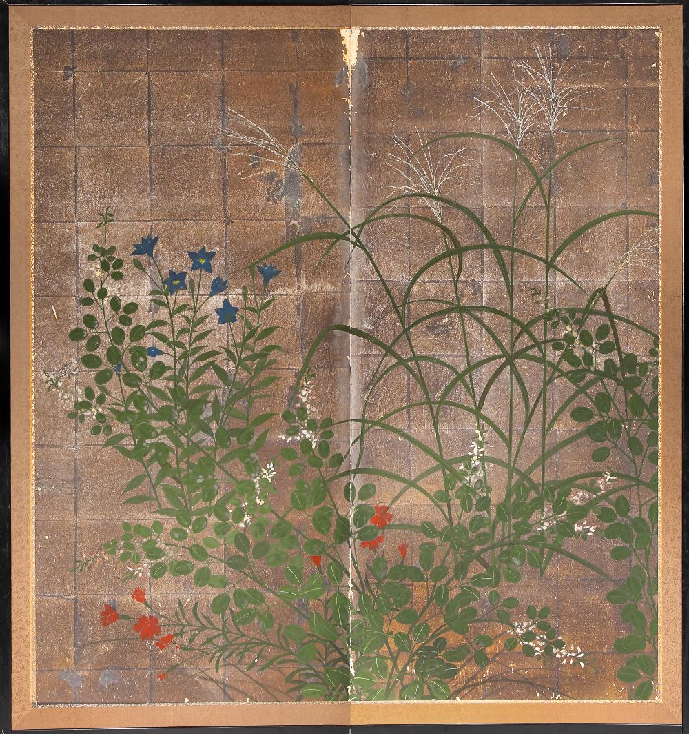 A JAPANESE RIMPA SCHOOL TWO-FOLD PAPER SCREEN, BYOBU EDO OR MEIJI PERIOD, 18TH OR 19TH CENTURY