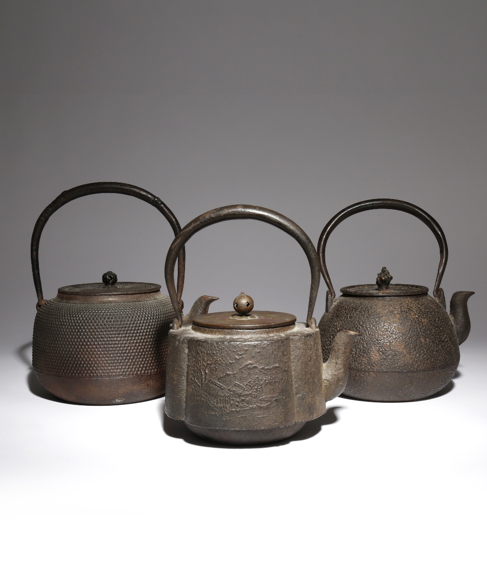 THREE JAPANESE IRON TETSUBIN MEIJI PERIOD OR LATER, 19TH OR 20TH CENTURY One kettle with a