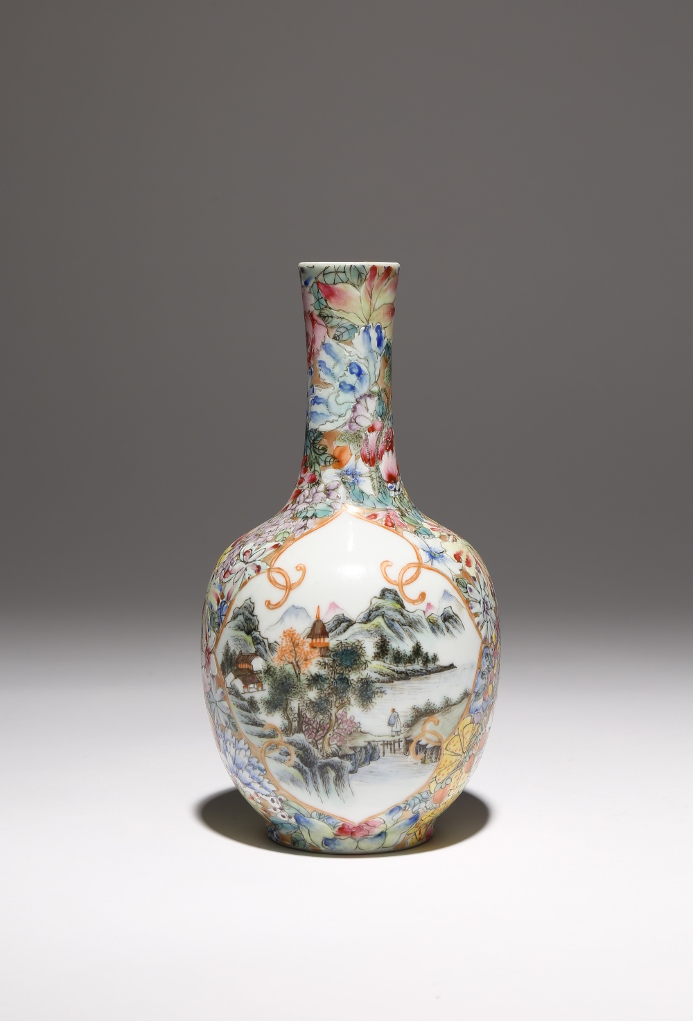 A CHINESE FAMILLE ROSE MILLEFLEURS 'LANDSCAPE' BOTTLE VASE REPUBLIC PERIOD The ovoid body surmounted