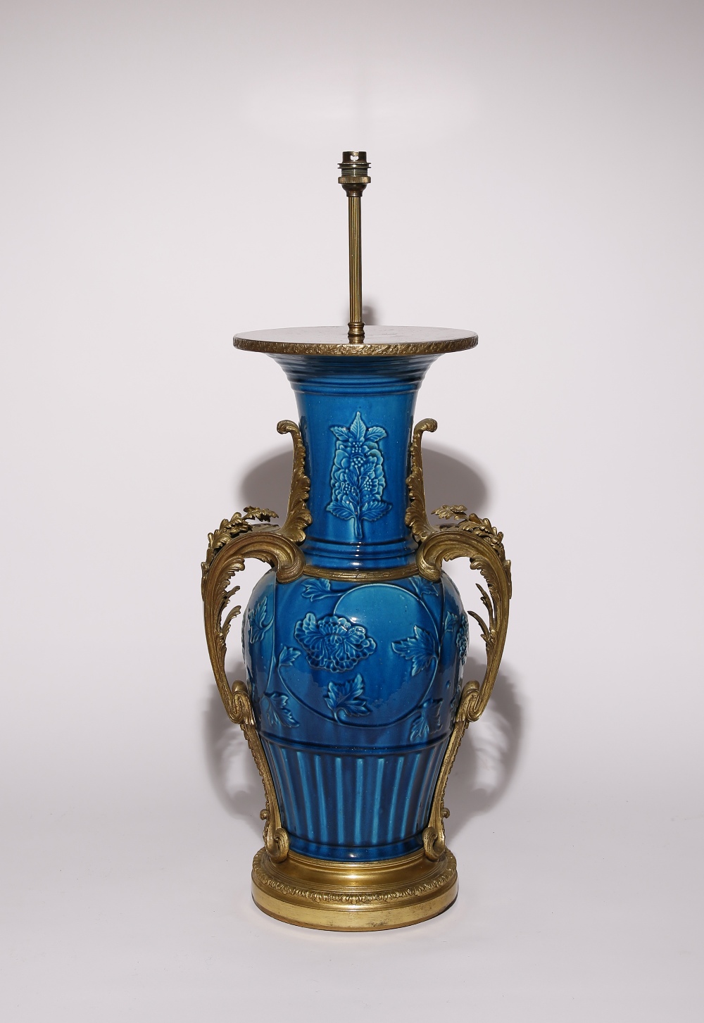 A LARGE MING-STYLE TURQUOISE GLAZED ORMOLU-MOUNTED YEN YEN VASE 19TH CENTURY Decorated in relief