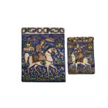 TWO QAJAR POLYCHROME MOULDED TILES 19TH CENTURY The larger tile decorated with a figure carrying a