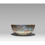 A CHINESE MANDARIN PALETTE 'HUNTING SCENE' PUNCH BOWL 18TH CENTURY Brightly painted to the