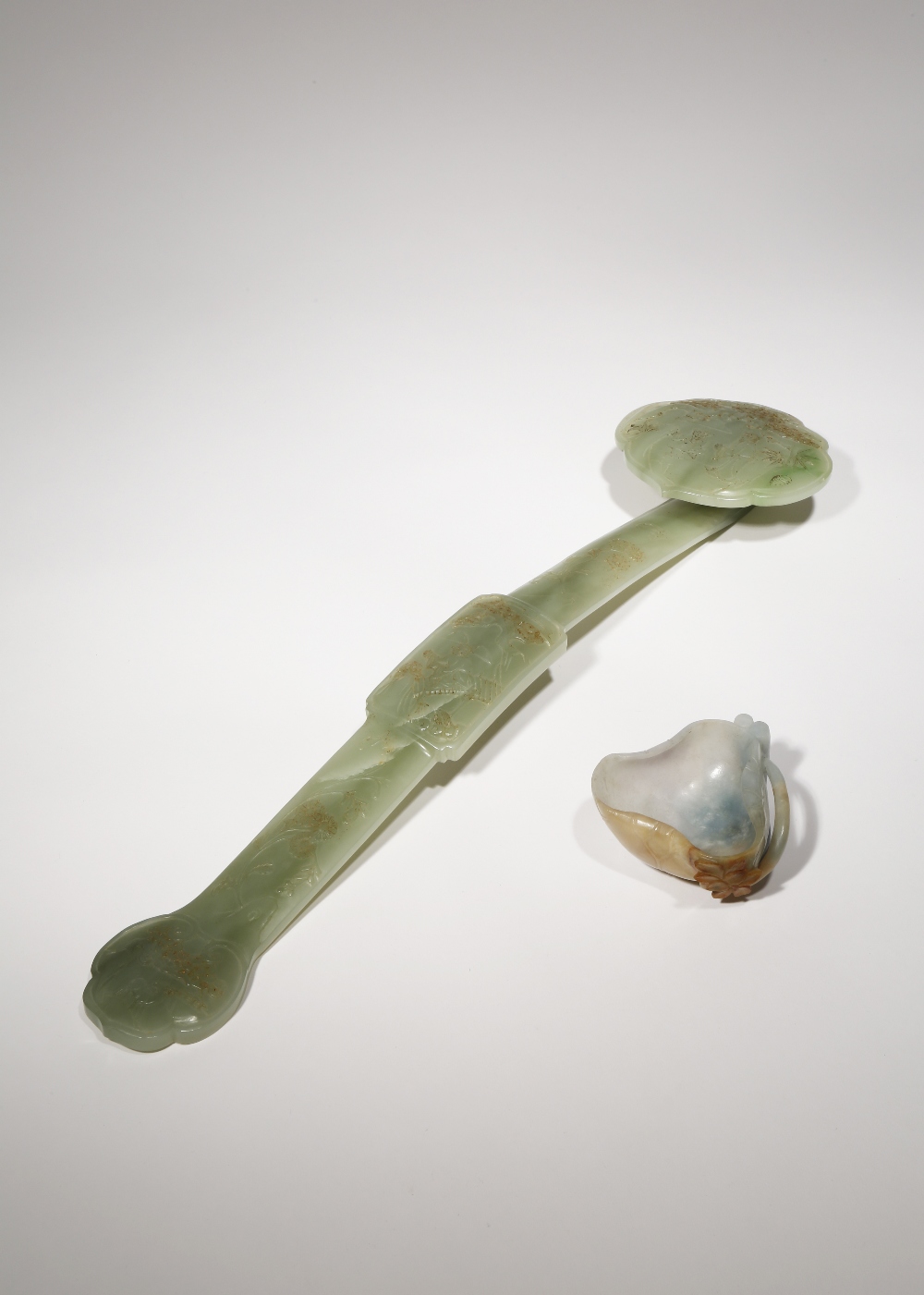 A LARGE CHINESE CELADON JADE RUYI SCEPTRE AND A BRUSH WASHER 20TH CENTURY The sceptre carved in