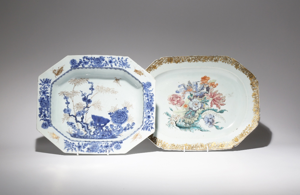 TWO CHINESE OCTAGONAL SERVING DISHES 18TH CENTURY One famille rose, painted in enamels to the centre