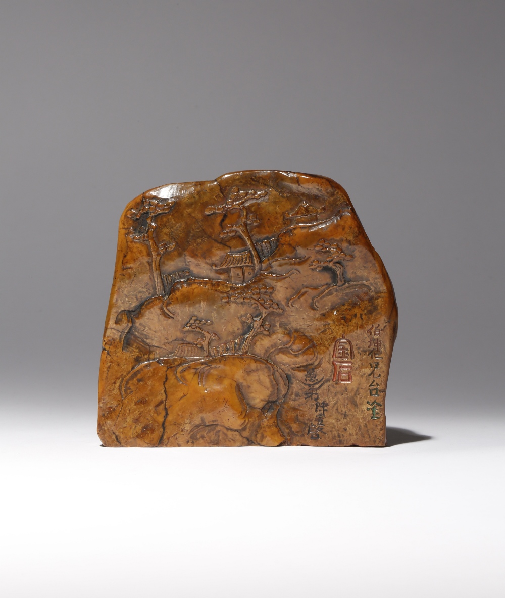 A LARGE CHINESE SOAPSTONE 'MOUNTAIN' SEAL LATE QING DYNASTY Naturalistically formed as a mountain,