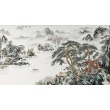A LARGE CHINESE ENAMELLED PORCELAIN RECTANGULAR 'LANDSCAPE' PLAQUE 20TH CENTURY Painted with a