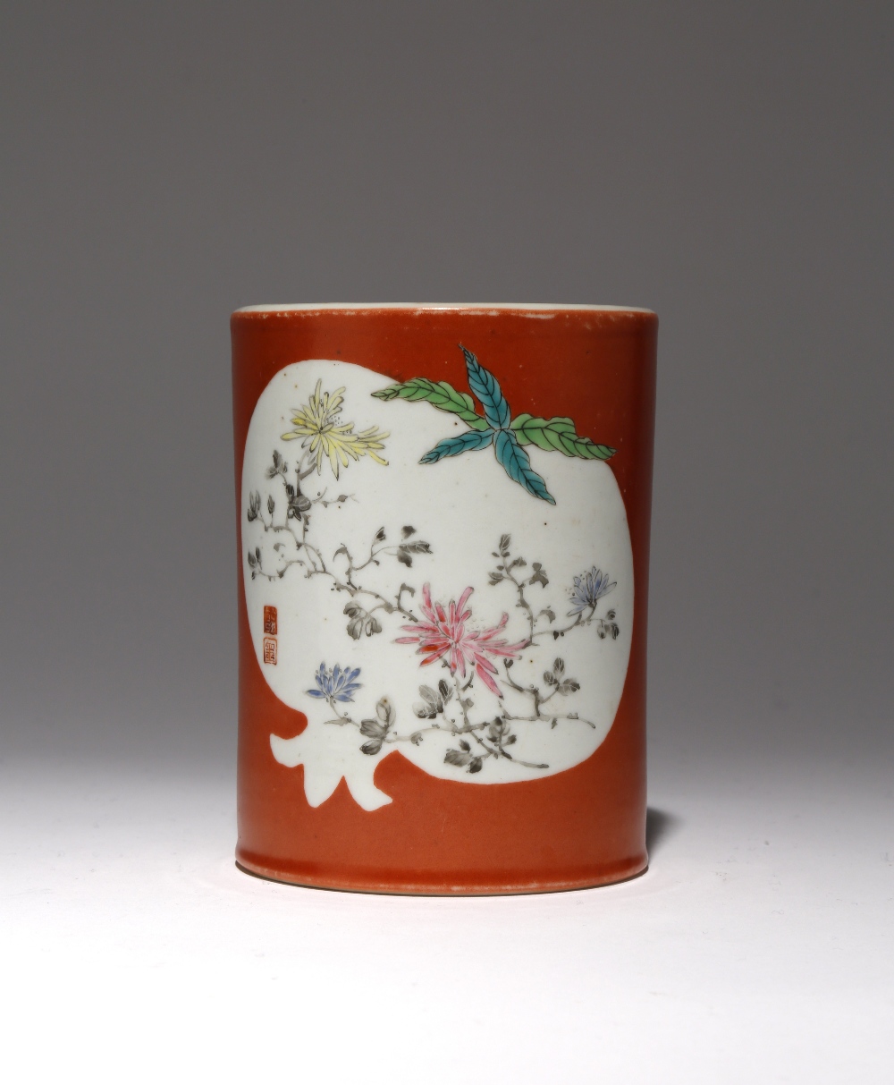 A CHINESE FAMILLE ROSE CORAL-GROUND CYLINDRICAL BRUSHPOT, BITONG PROBABLY LATE QING DYNASTY