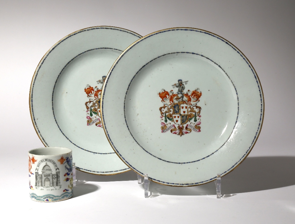 A PAIR OF CHINESE ARMORIAL PLATES AND AN ARMORIAL COFFEE CAN C.1780 AND C.1815 Each of the plates