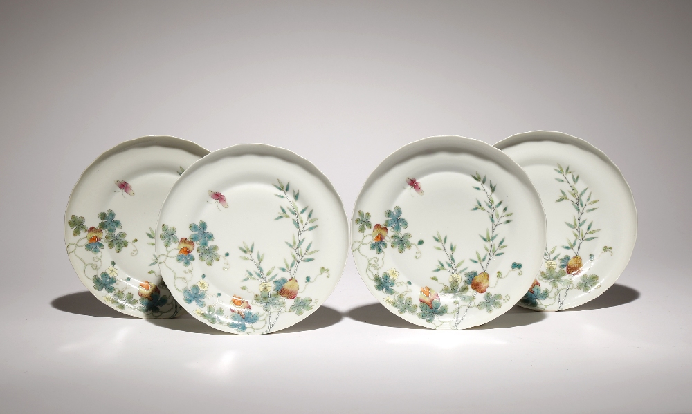 A SET OF FOUR CHINESE FAMILLE ROSE 'BITTER MELON' DISHES PROBABLY GUANGXU Each rising from a tapered