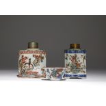 TWO CHINESE LATER-ENAMELLED TEA CANISTERS AND A WINE CUP 18TH CENTURY One tea canister of