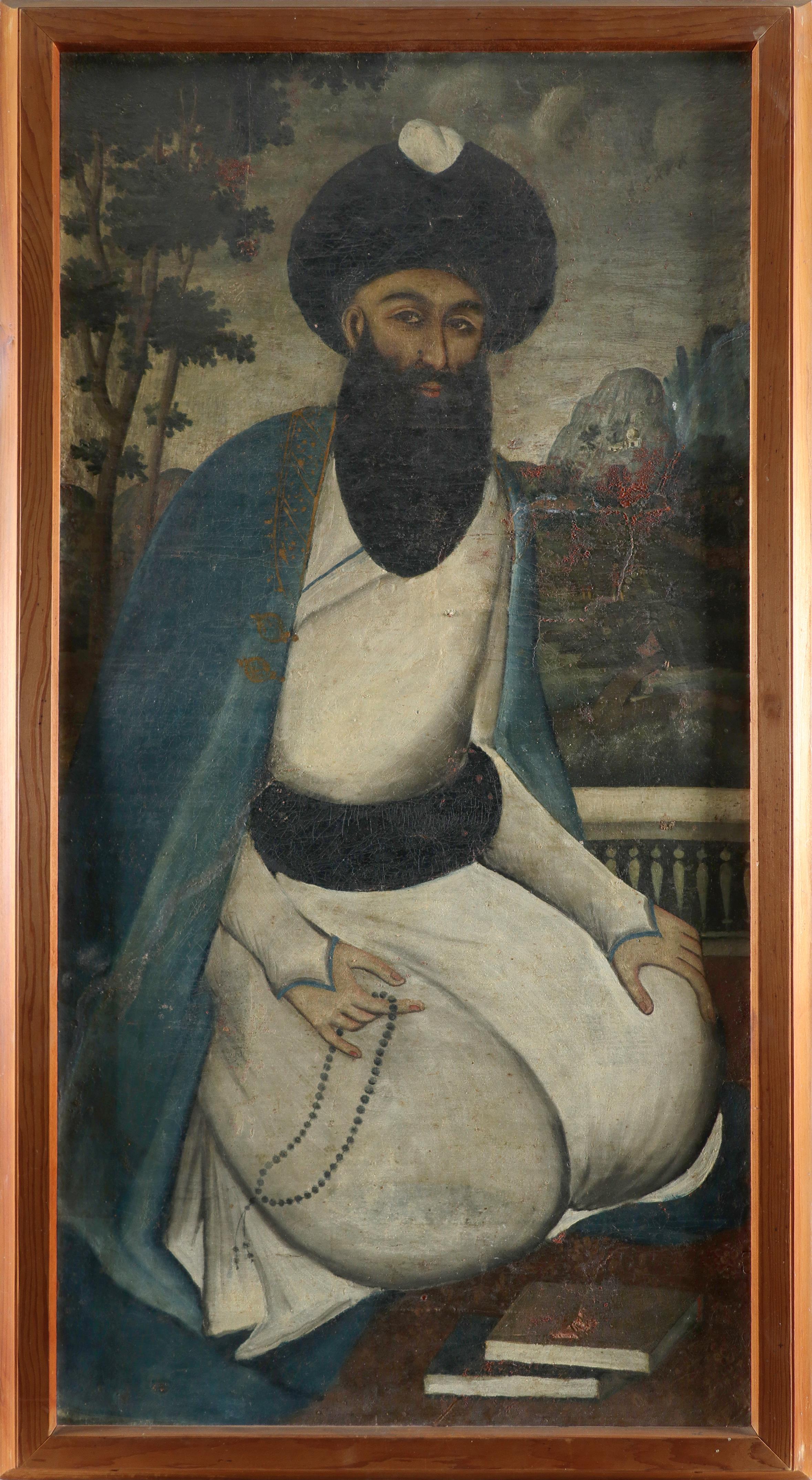 Persian School 19th Century Portrait of a mullah kneeling on a terrace, a landscape beyond Oil on - Image 2 of 3