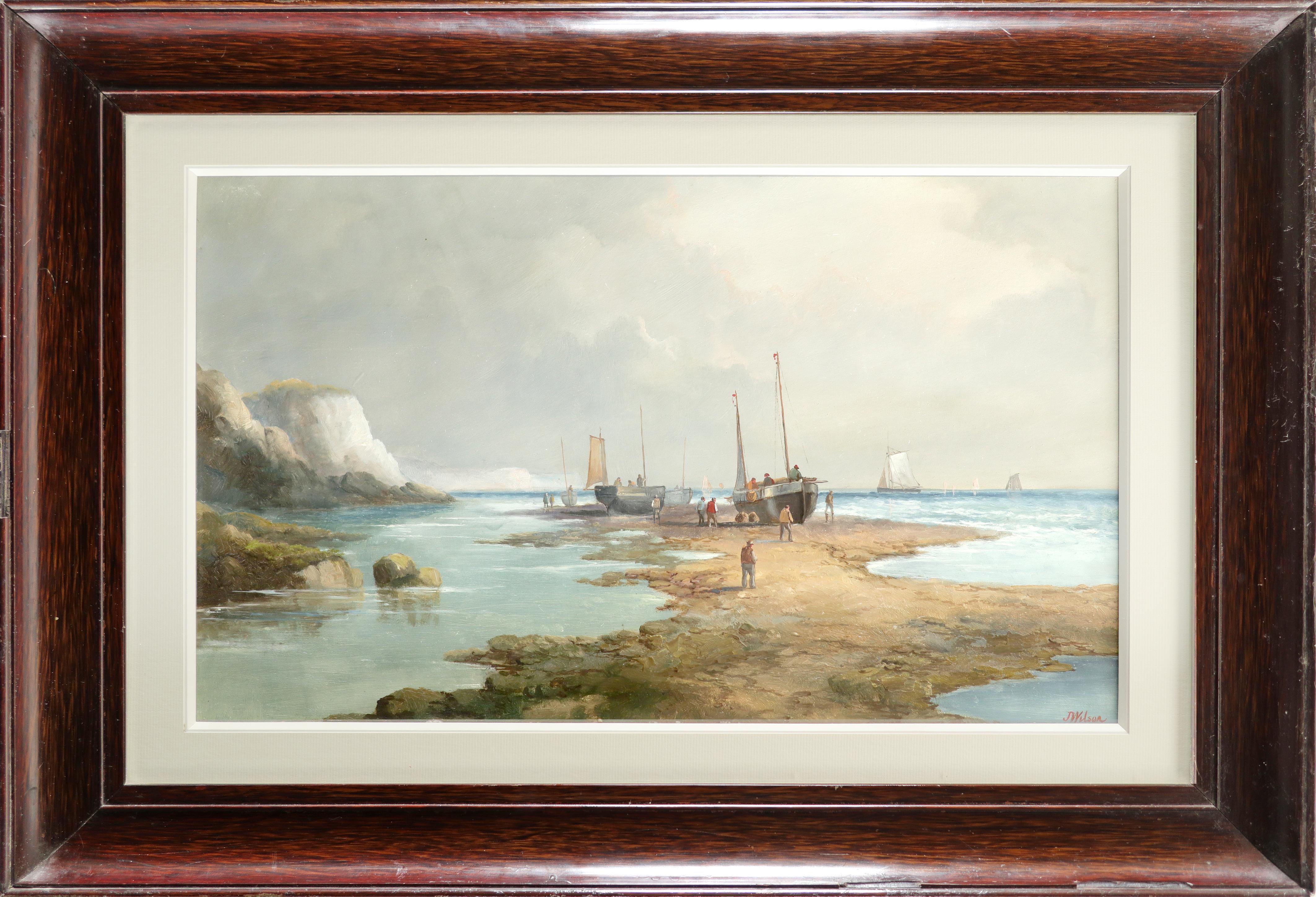 John James Wilson (1818-1875) Coastal landscape with shipping boats and figures Signed JWilson ( - Image 2 of 3