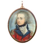 λCircle of Richard Cosway Portrait miniature of an officer in uniform Oval, in a gilt metal frame