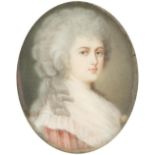 λFrench School c.1900 Portrait miniature of a lady in 18th century style red dress and powdered hair