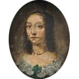 English School 17th Century Portrait miniature of a lady, wearing a green dress with lace trim Oval,