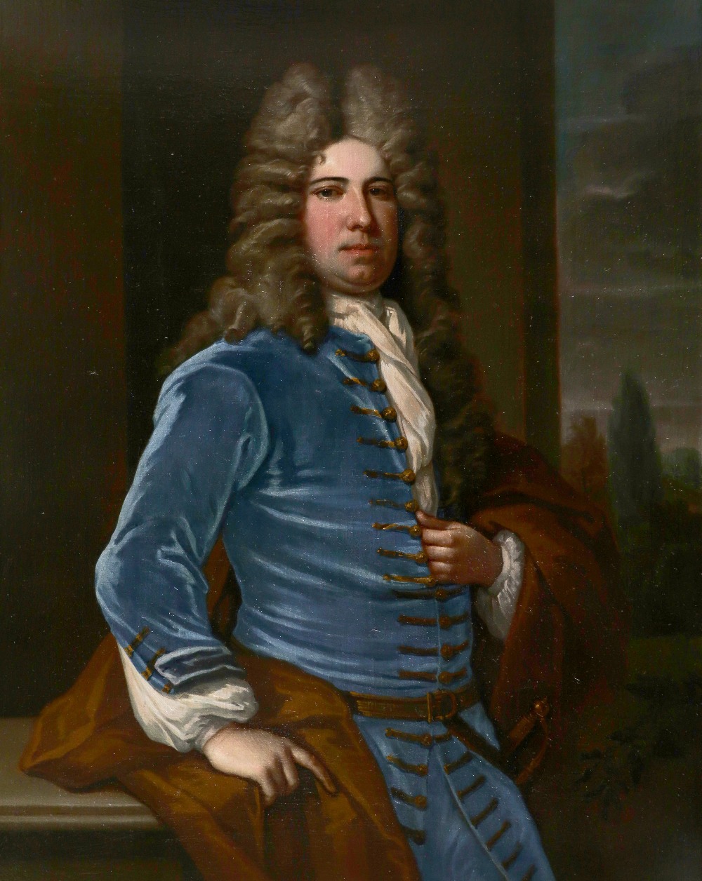 Follower of John Closterman Portrait of a gentleman, three-quarter-length, in blue velvet coat and