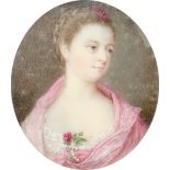 λEnglish School c.1770 Portrait miniature of a lady, wearing a pink dress and a rose at her