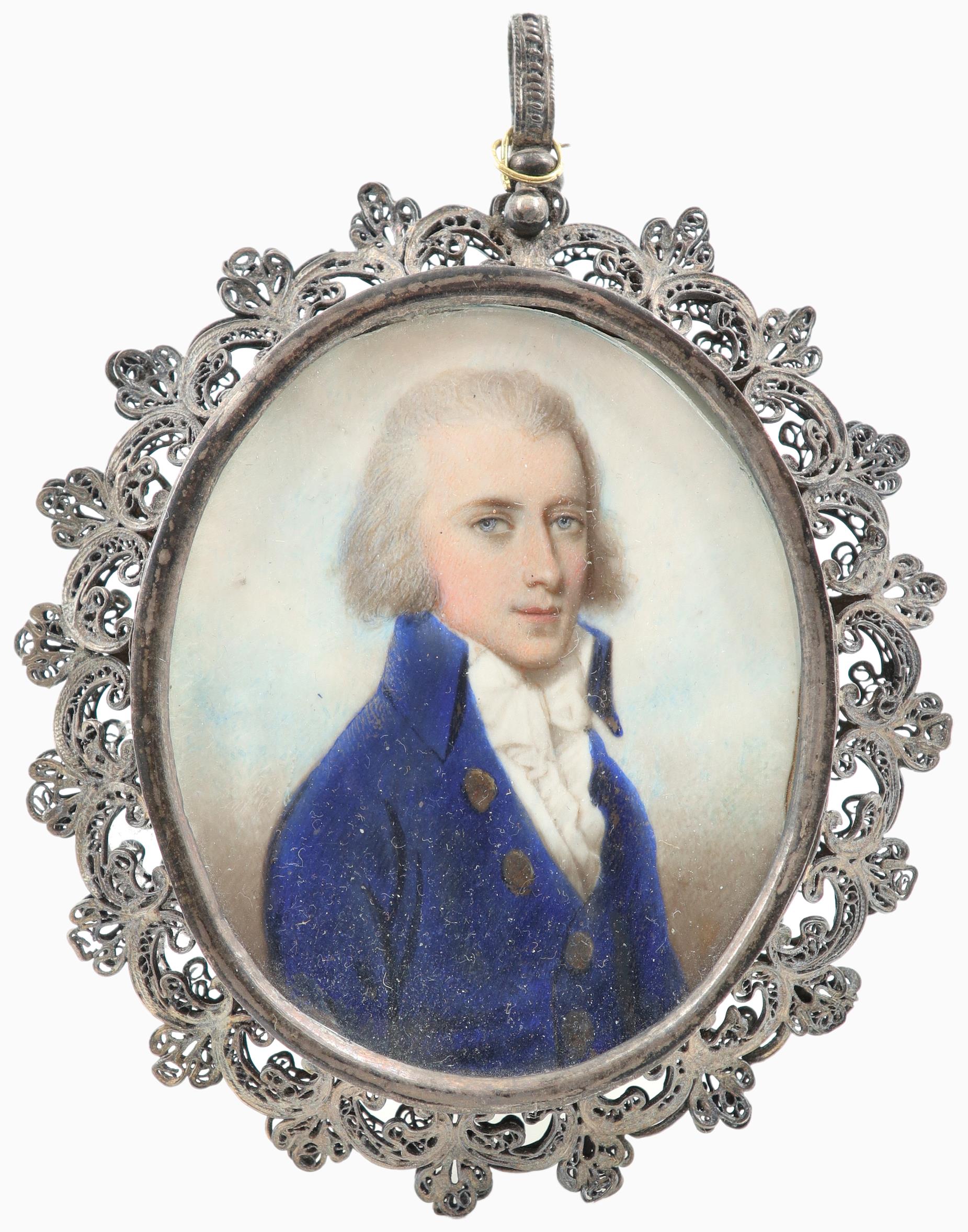 λEnglish School Late 18th Century Portrait miniature of a gentleman, in a blue coat, with a white