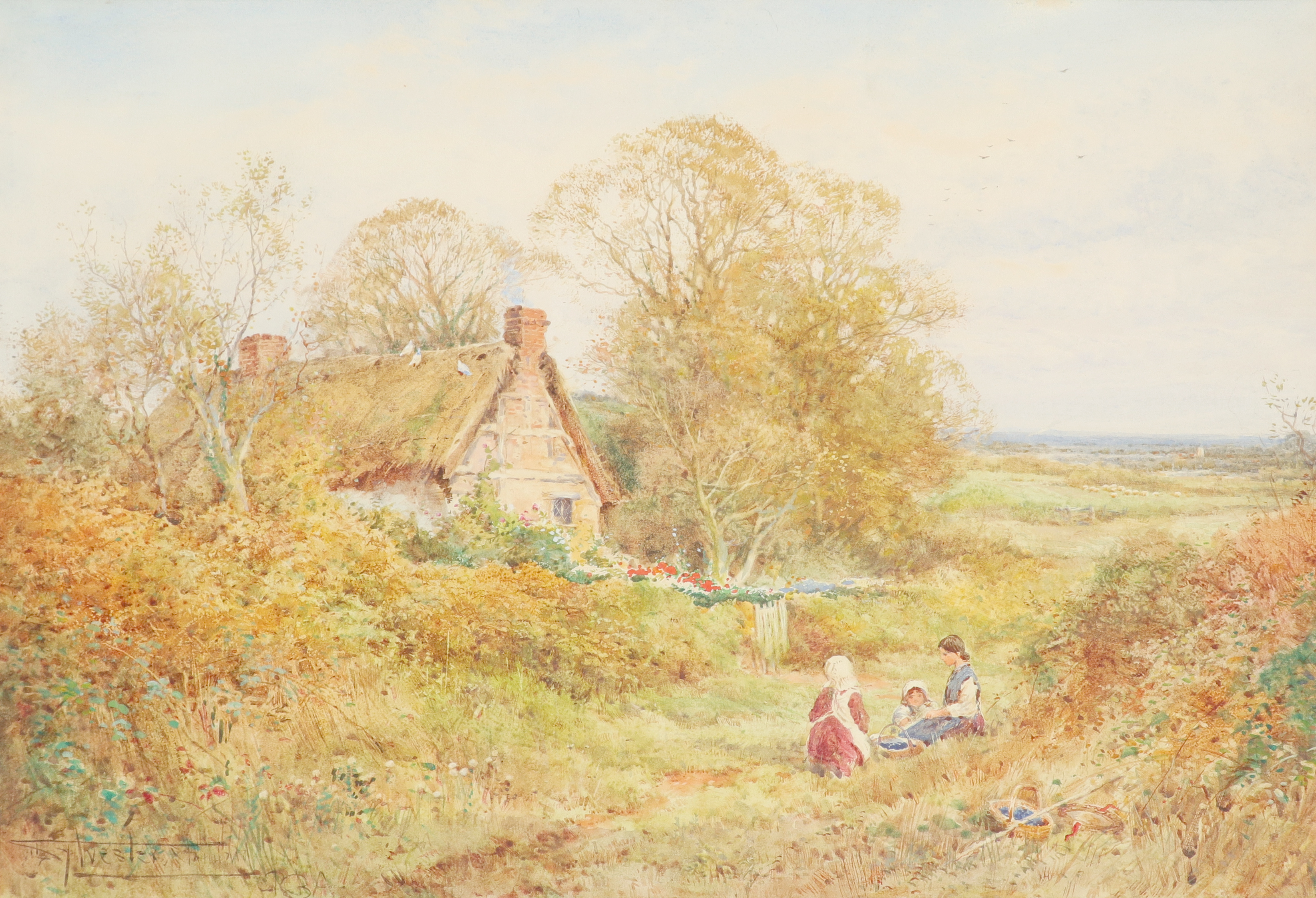 ‡Henry John Sylvester Stannard RBA, FRSA (1870-1951) Children in a landscape outside a cottage