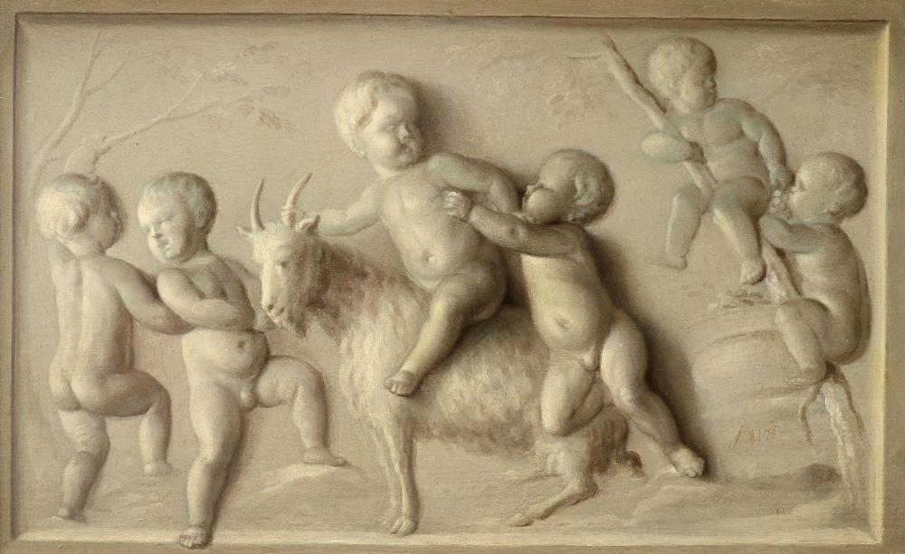 Jacob de Wit (Dutch 1695-1754) Trompe l'oeil bas-relief with putti at play with a goat Signed J DWit