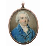 λEnglish School Late 18th Century Portrait miniature of a gentleman, in a blue coat, cream waistcoat