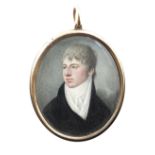 λEnglish School Early 19th Century Portrait miniature of a gentleman, wearing a black coat, white