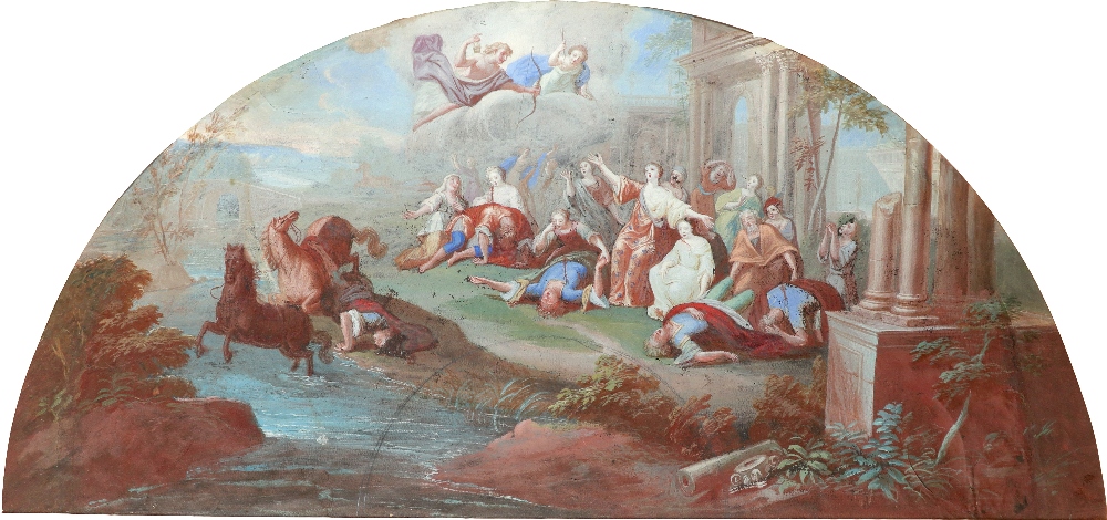 French School Early 18th Century The death of the Niobids Gouache, lunette shaped for a fan 23.7 x