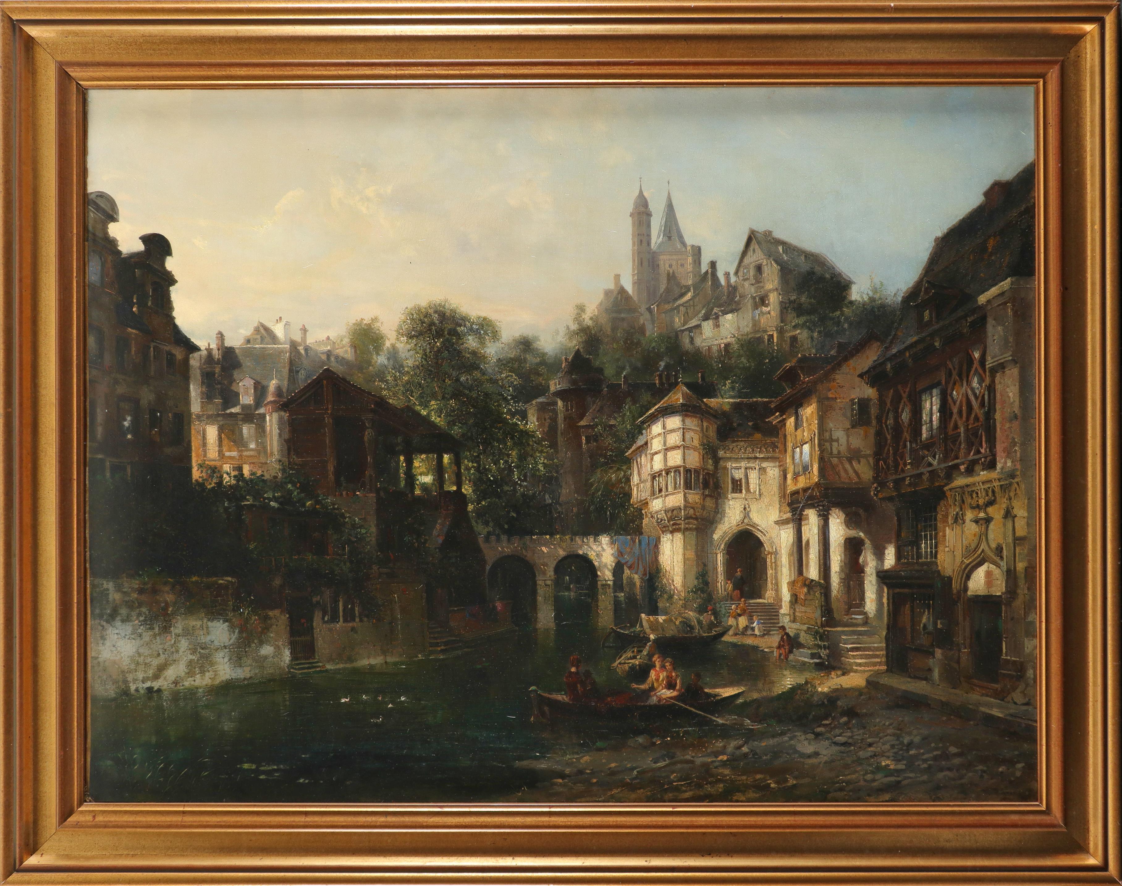 Pierre Tetar van Elven (Dutch 1828-1908) View of a riverside town, with figures rowing in the - Image 2 of 3