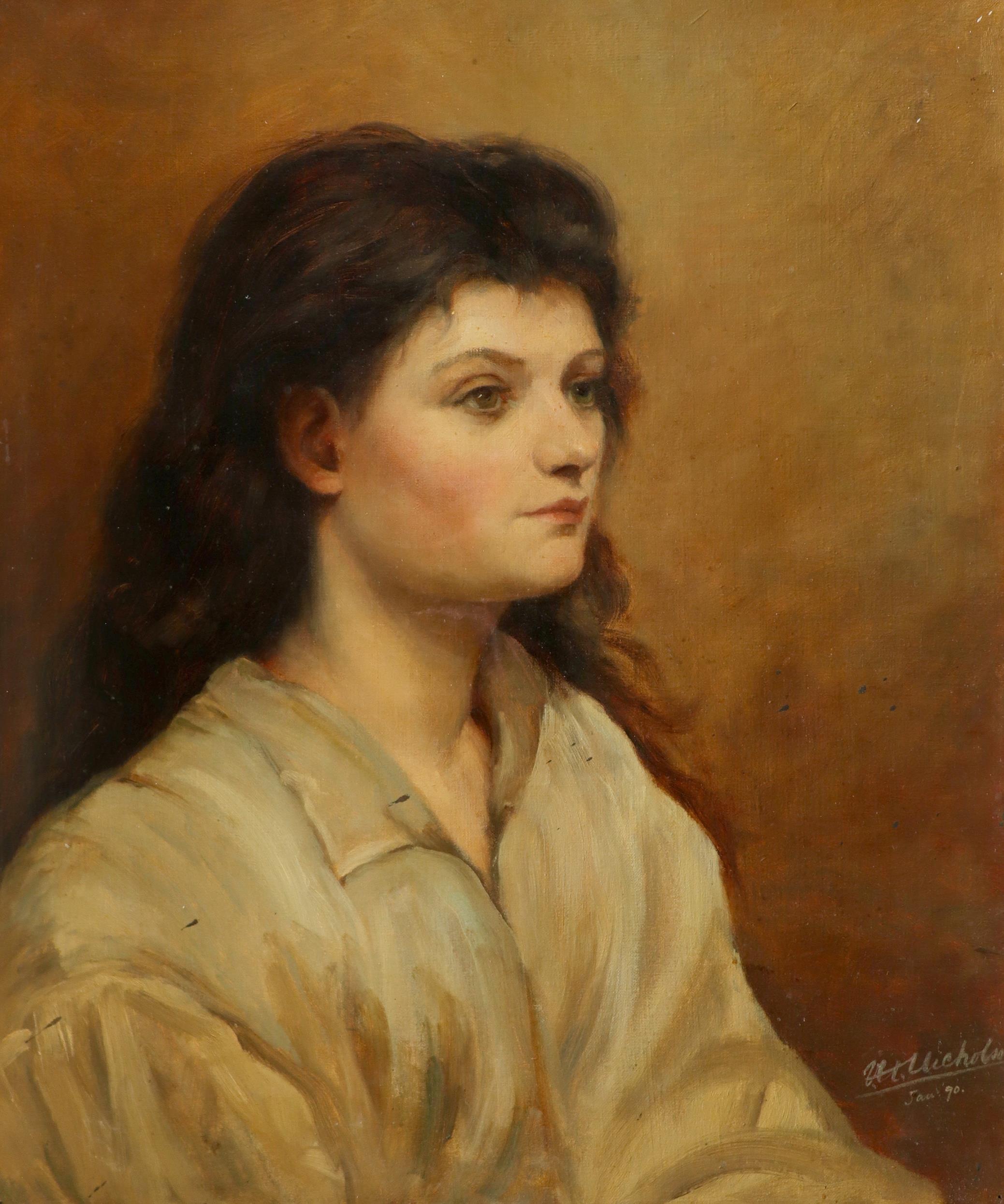 M. Nicholson (19th Century) Portrait of a young lady wearing a white blouse Signed and dated M