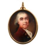 λAbraham Daniel (c.1750-1806) Portrait miniature of a gentleman, wearing a brown coat with gold