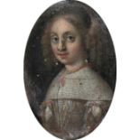 Dutch School 17th Century Portrait miniature of a lady, wearing a white dress with red trim and