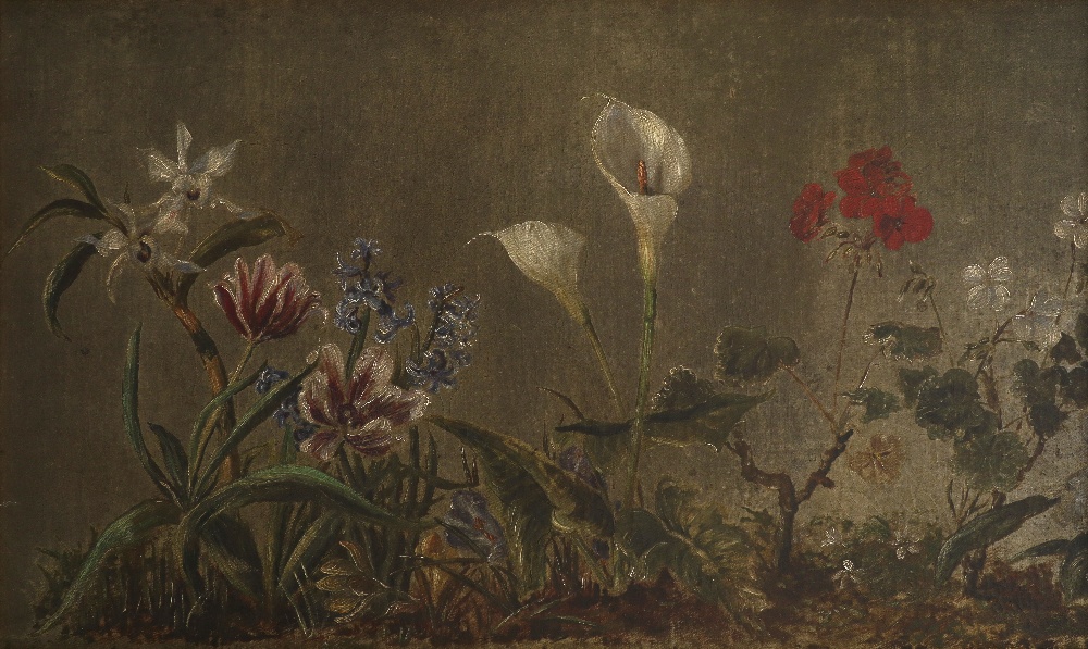 Continental School c.1800 Floral still life with orchid, tulips, hyacinths, crocuses, peace lily and