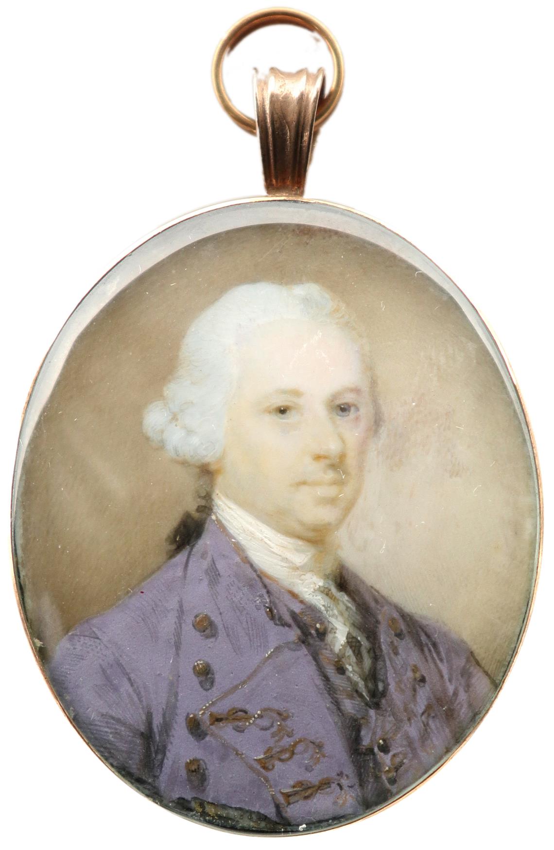 λEnglish School 18th Century Portrait miniature of a gentleman, wearing a purple coat and with - Image 2 of 3