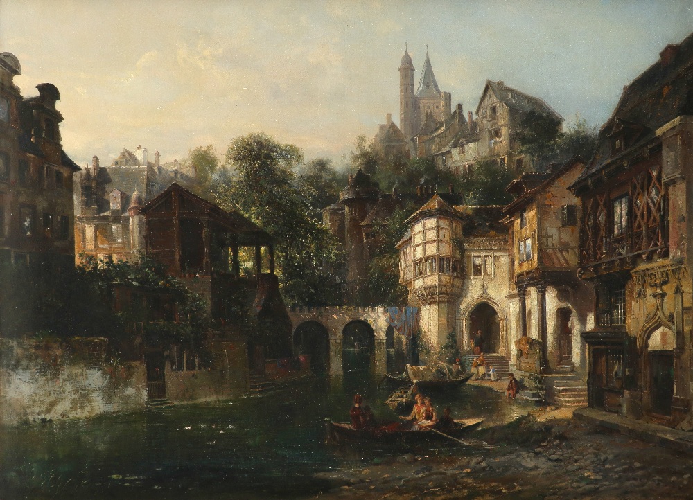 Pierre Tetar van Elven (Dutch 1828-1908) View of a riverside town, with figures rowing in the