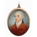 λJohn Barry (act. 1784-1827) Portrait miniature of a gentleman, wearing a brown coat with black