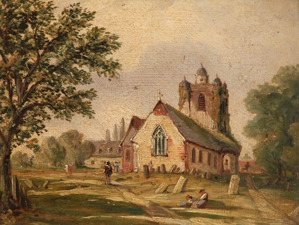 Circle of Alfred Vickers Figures in a churchyard Oil on board 13.5 x 17.7cm; 5¼ x 7in Provenance: