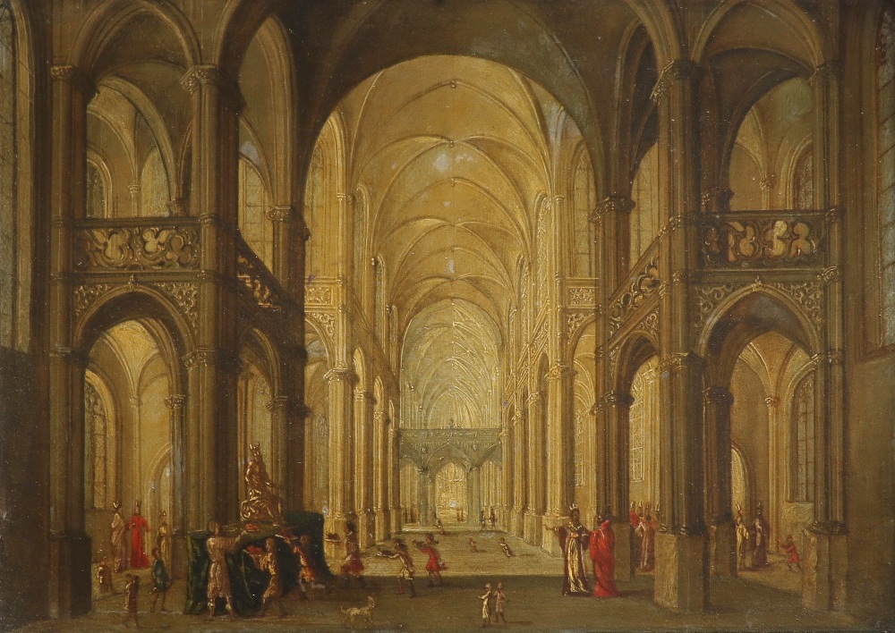 Circle of Hendrick van Steenwijck the Younger Cathedral interior with the idolatry of Solomon Oil on