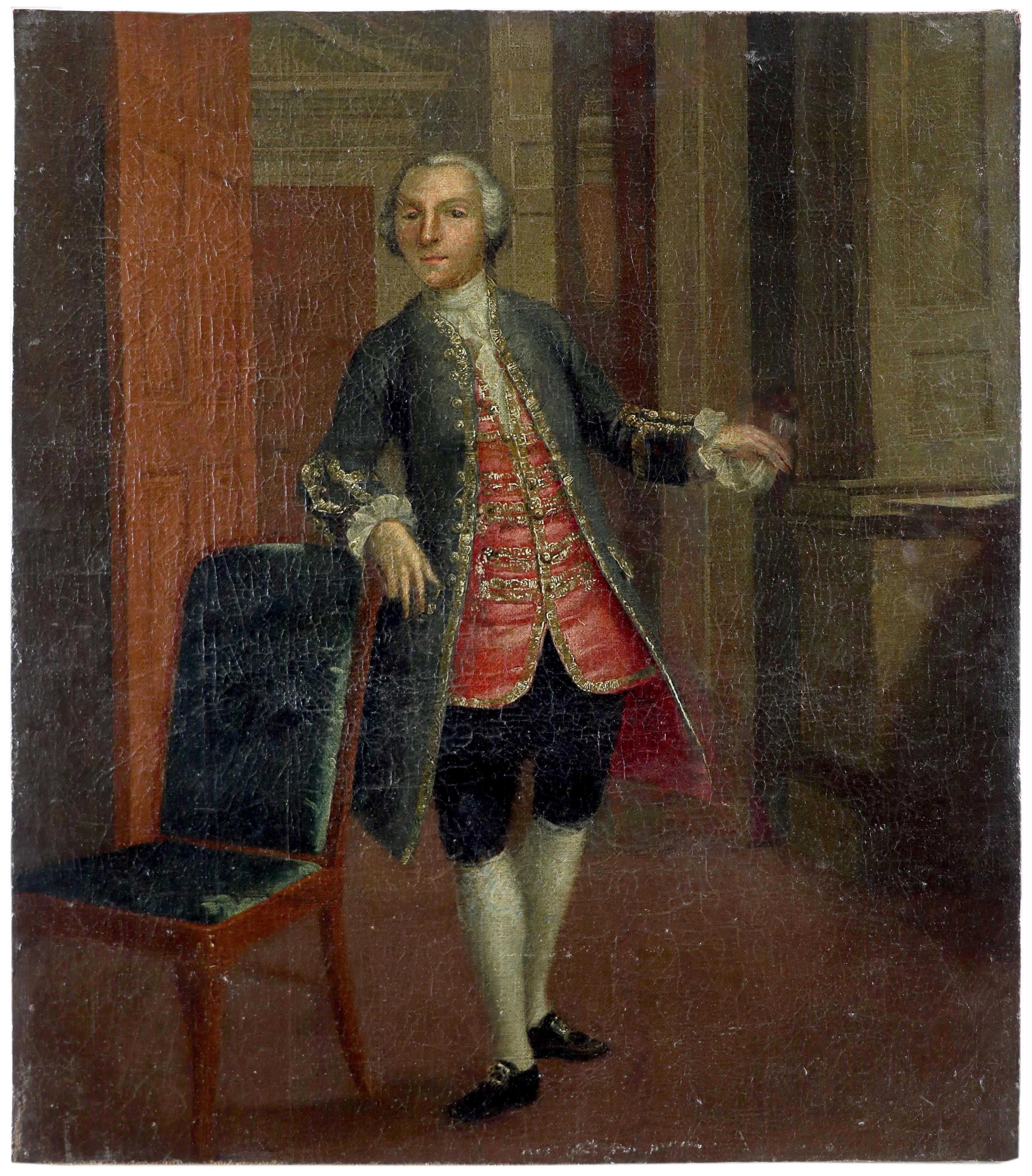 Circle of Arthur Devis Portrait of a gentleman, full-length, in a green coat and red waistcoat, - Image 2 of 3