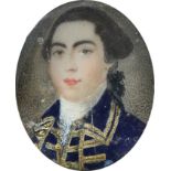 λEnglish School Late 18th Century Portrait miniature of a gentleman wearing a brocade trimmed blue