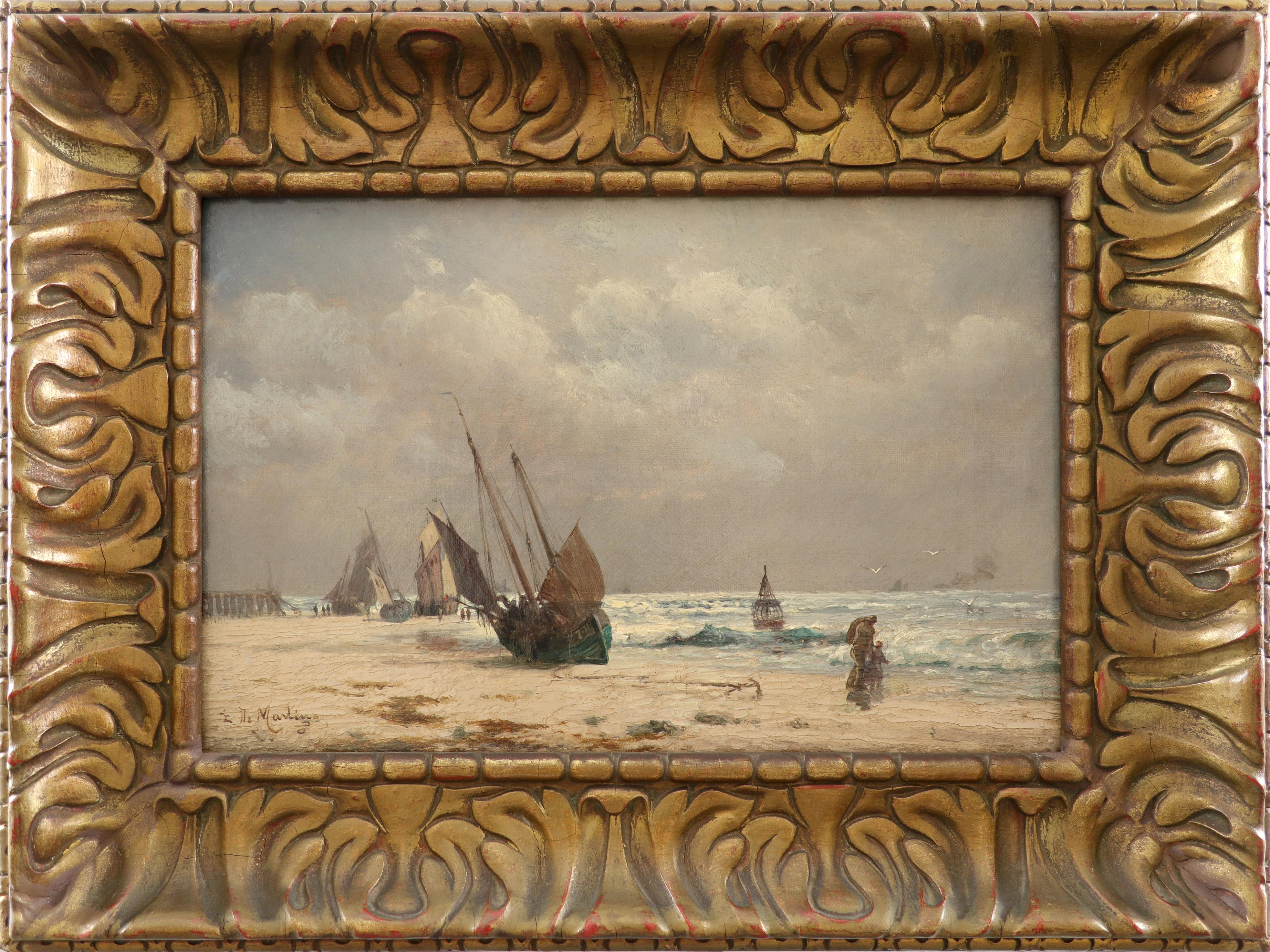 Edoardo di Martino CVO (Italian 1838-1912) Coastal landscape with figures and boats on the beach - Image 2 of 3