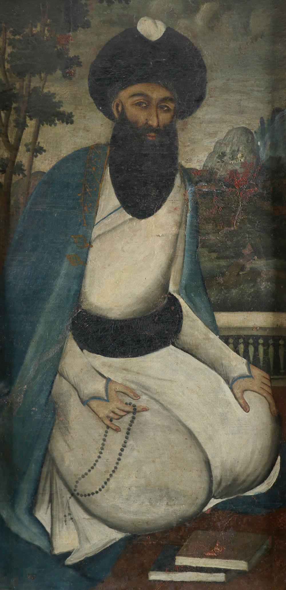 Persian School 19th Century Portrait of a mullah kneeling on a terrace, a landscape beyond Oil on