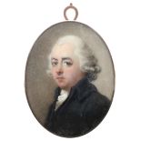 λEnglish School c.1800 Portrait miniature of a gentleman, wearing a black coat and with powdered