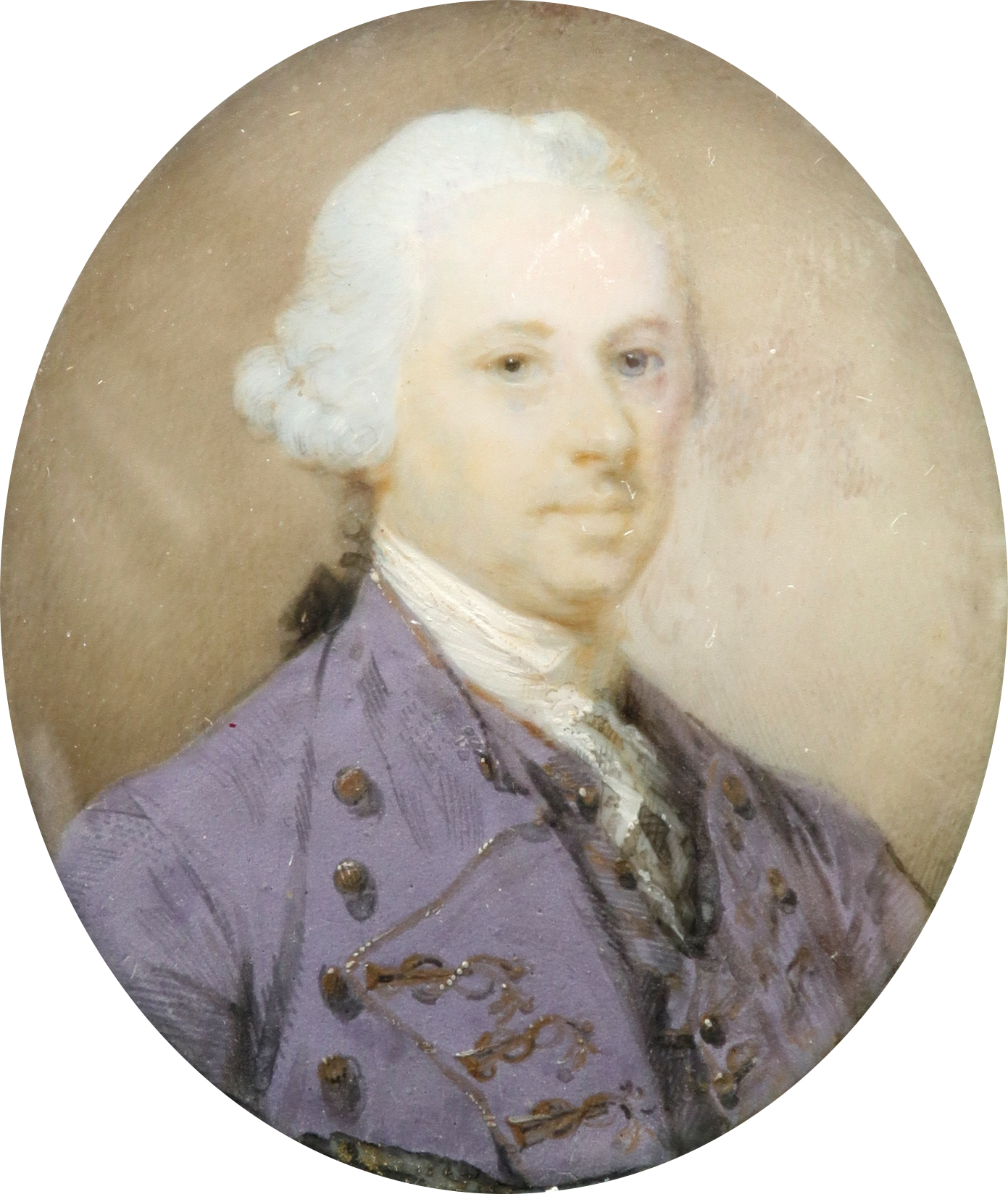 λEnglish School 18th Century Portrait miniature of a gentleman, wearing a purple coat and with