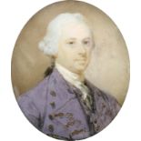 λEnglish School 18th Century Portrait miniature of a gentleman, wearing a purple coat and with