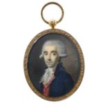 λFrench School 18th Century Portrait miniature of a gentleman wearing a blue coat and red