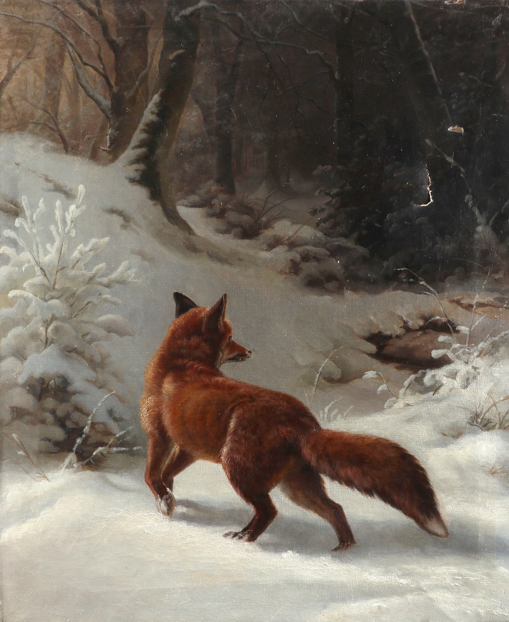 Attributed to Johannes Christian Deiker (German 1822-1895) A fox in the snow Oil on canvas 68.4 x
