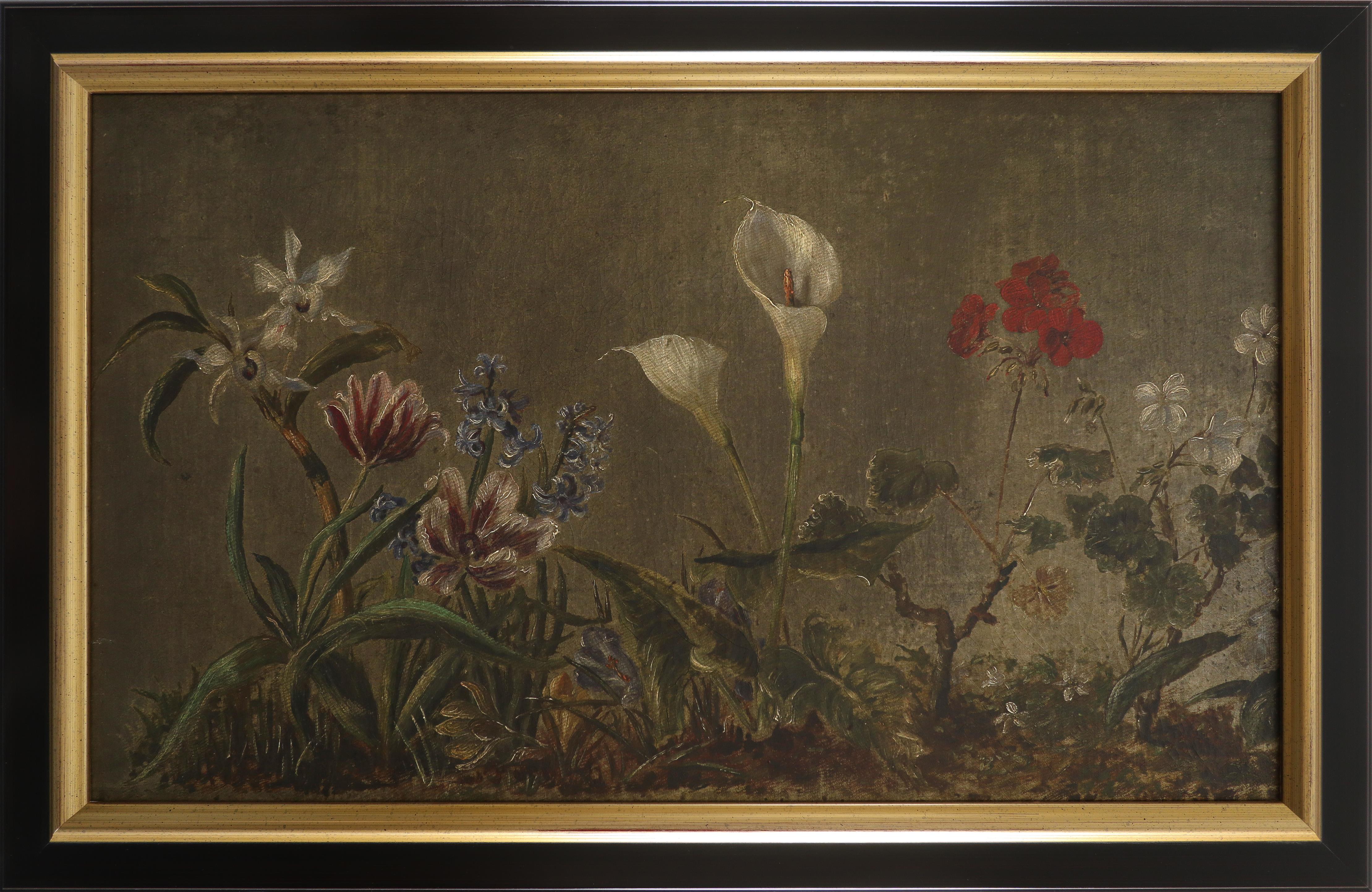 Continental School c.1800 Floral still life with orchid, tulips, hyacinths, crocuses, peace lily and - Image 2 of 3