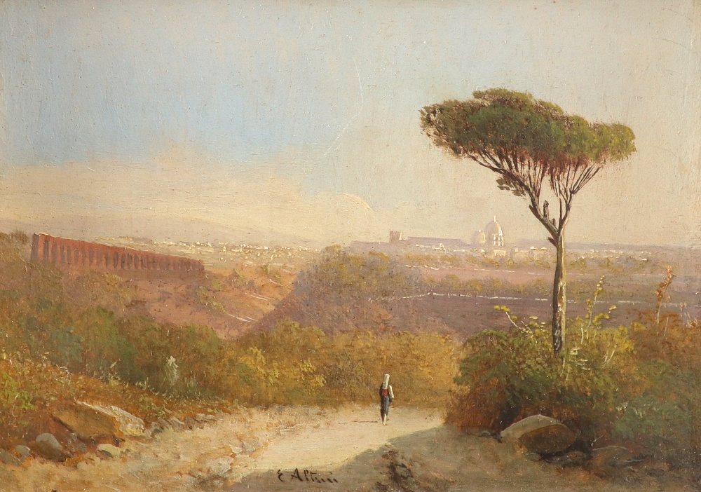 E. Altrui (Italian Early 20th Century) A view of Rome with a traveller on a path; A figure on a
